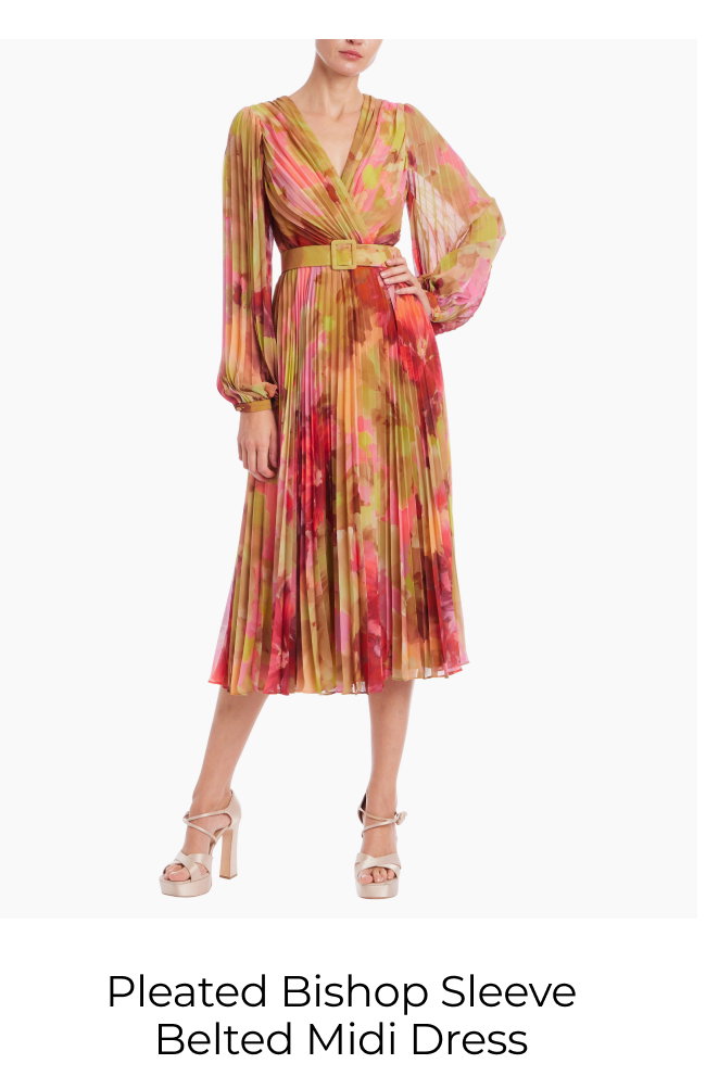Pleated Bishop Sleeve Belted Midi Dress