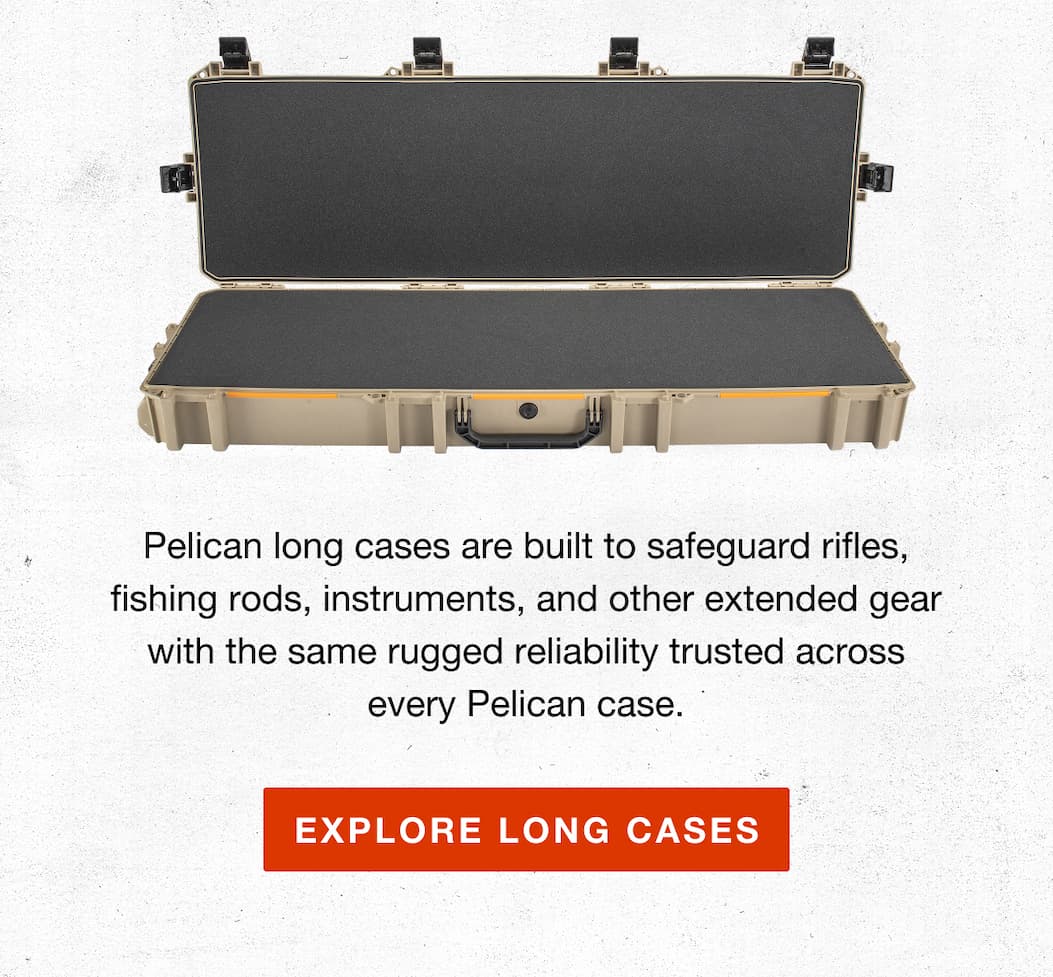 Pelican long cases are built to safeguard rifles, fishing rods, instruments, and other extended gear with the same rugged reliability trusted across every Pelican case.