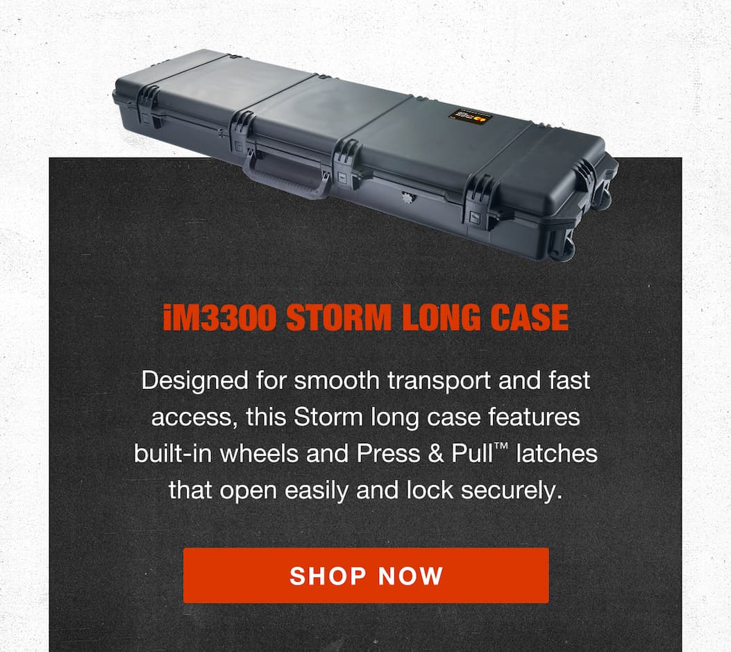 iM3300 Storm Long Case: Designed for smooth transport and fast access, this Storm long case features built-in wheels and Press & Pull latches that open easily and lock securely.