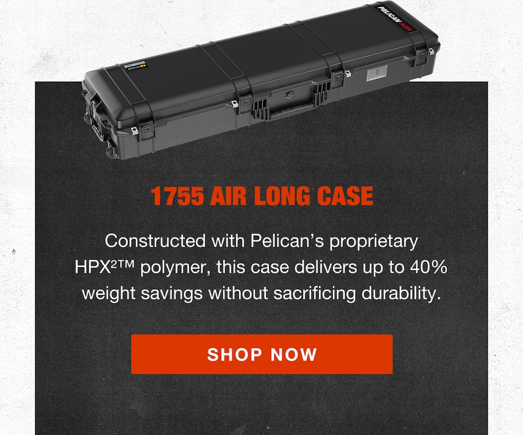 1755 Air Long Case: Constructed with Pelican's proprietary HPX polymer, this case delivers up to 40% weight savings without sacrificing durability.