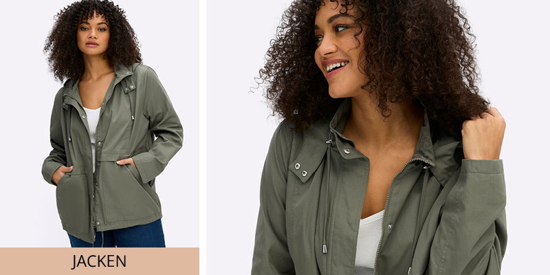 Ein Model trägt eine khakifarbene Kapuzenjacke mit Stehkragen, daneben der Text: Jacken
