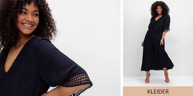 Ein Model trägt ein schwarzes Maxikleid mit Häkelspitze