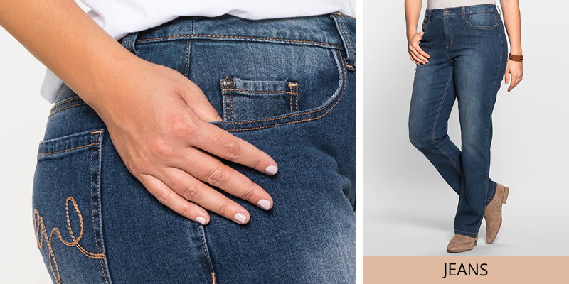 Ein Model trägt eine Shaping-Jeans in gerader Form in blue-denim