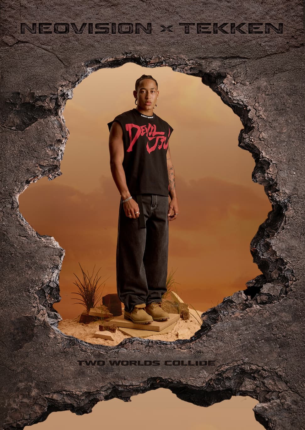 an image of a man standing in a hole in a wall