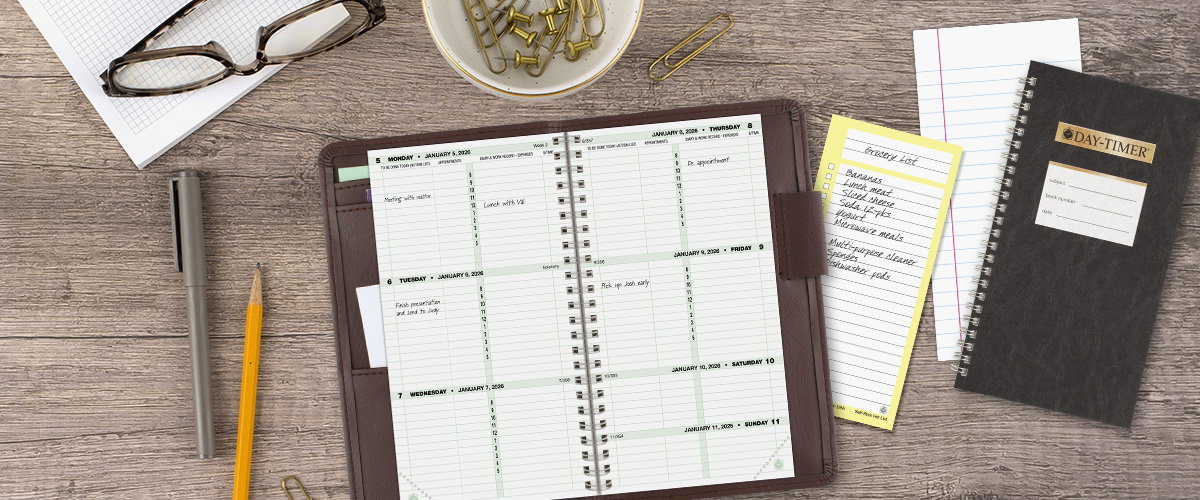 Group shot featuring a variety of popular Day-Timer planners and notebooks