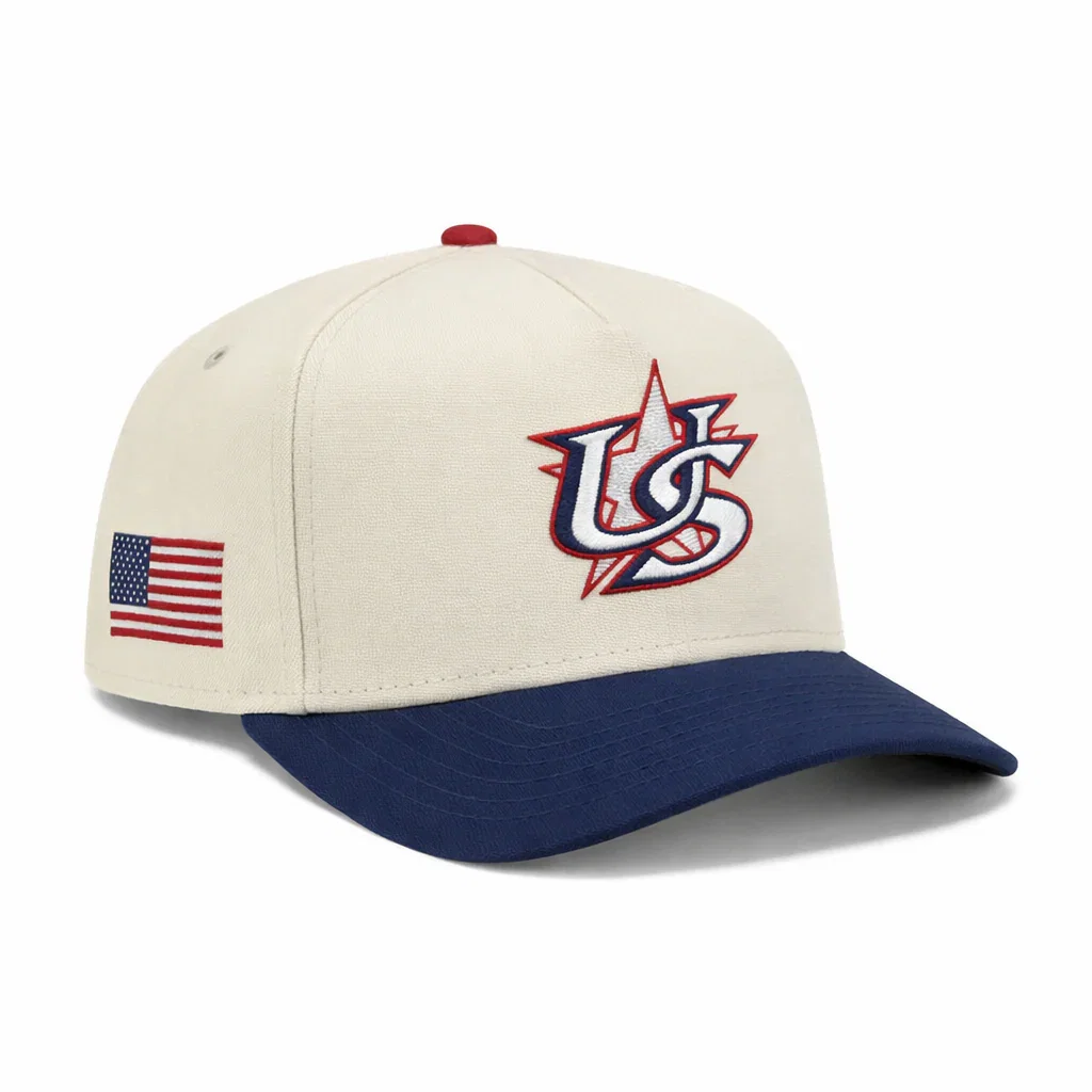 Image of Pre-order New Era 9Forty A-Frame USA 2026 World Baseball Classic USA Flag Patch Snapback Hat - White, Navy