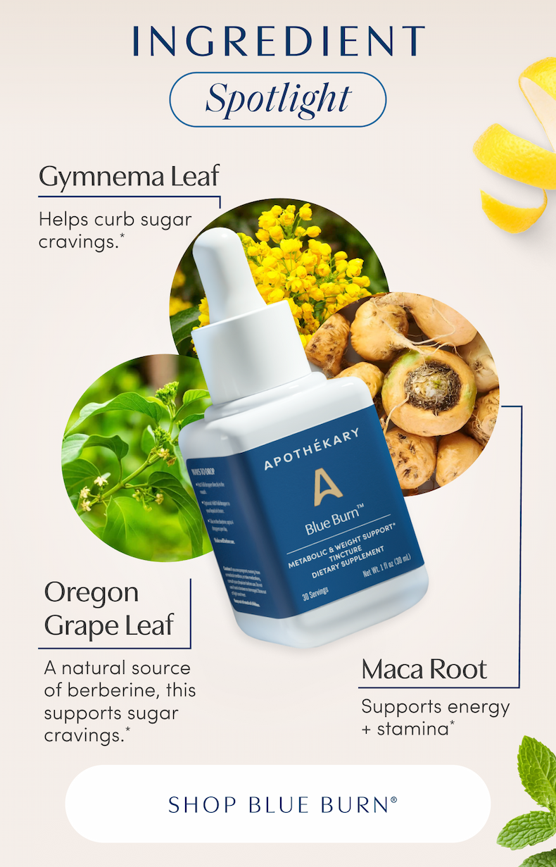 INGREDIENT Spotlight | Gymnema Leaf | Helps curb sugar cravings.* | Oregon Grape Leaf | A natural source of berberine, this supports sugar cravings.* | Maca Root | Supports energy + stamina* | SHOP BLUE BURN®