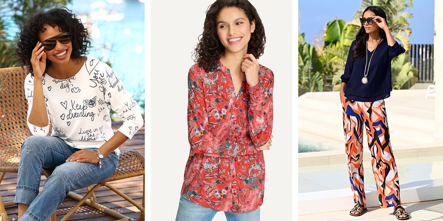 Drie modellen dragen casual outfits: witte trui met tekst, rode gebloemde blouse en kleurrijke wijde broek met blauw bovenstuk.