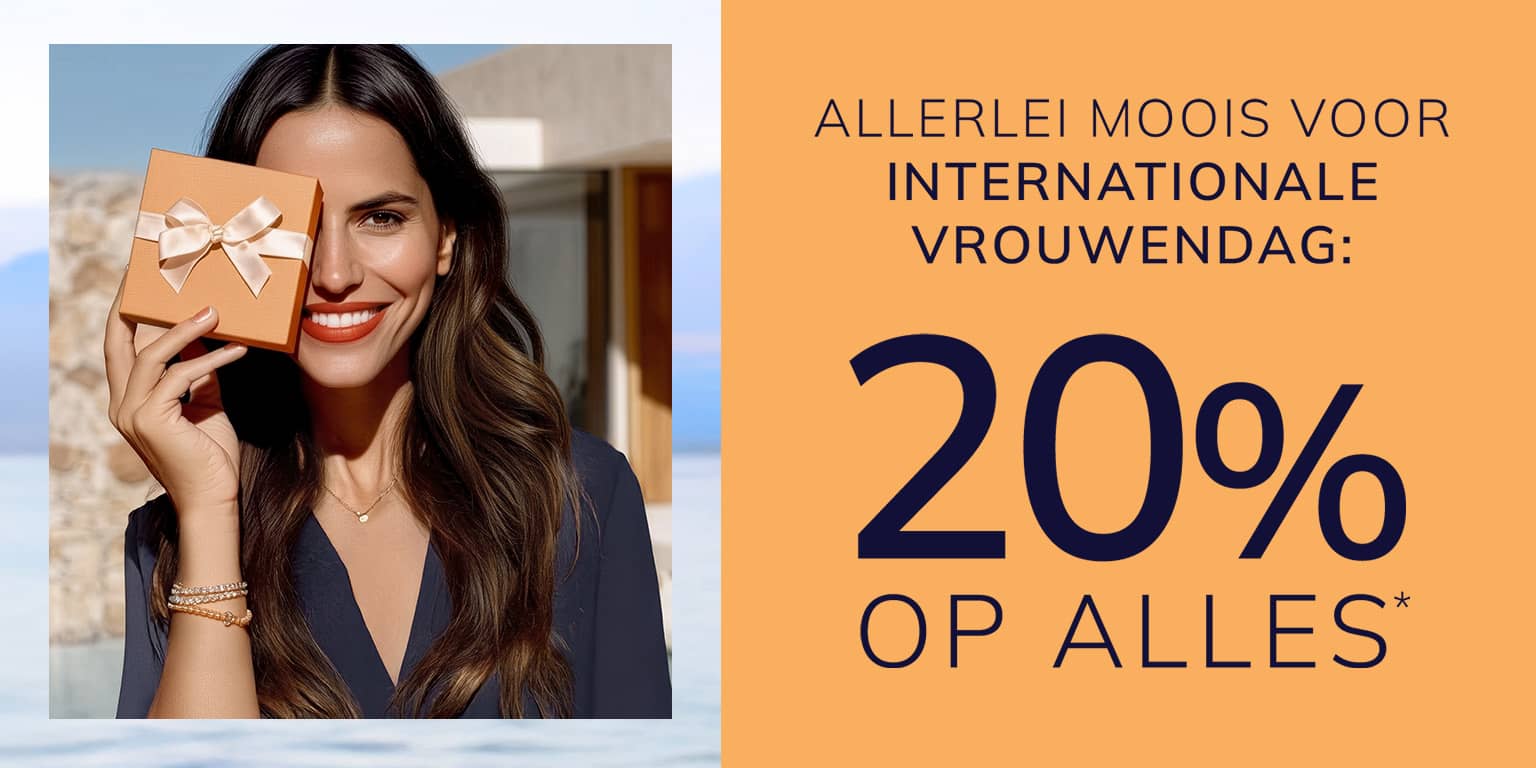 Een advertentie met de tekst ALLES MOOIS VOOR INTERNATIONALE VROUWENDAG 20 % OP ALLES*. De achtergrond is rechts warm oranje, links staat een foto van een vrouw met een cadeau voor haar gezicht.