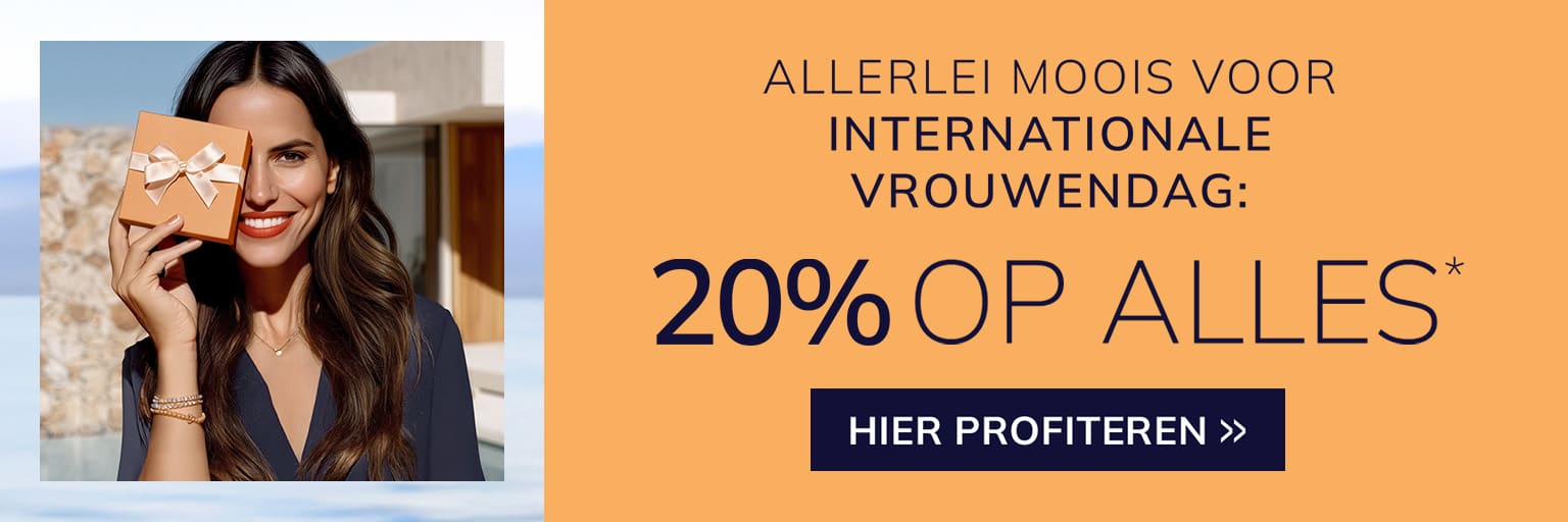 Een advertentie met de tekst ALLES MOOIS VOOR INTERNATIONALE VROUWENDAG 20 % OP ALLES* HIER INWISSELEN. De achtergrond is rechts warm oranje, links staat een foto van een vrouw met een cadeau voor haar gezicht.