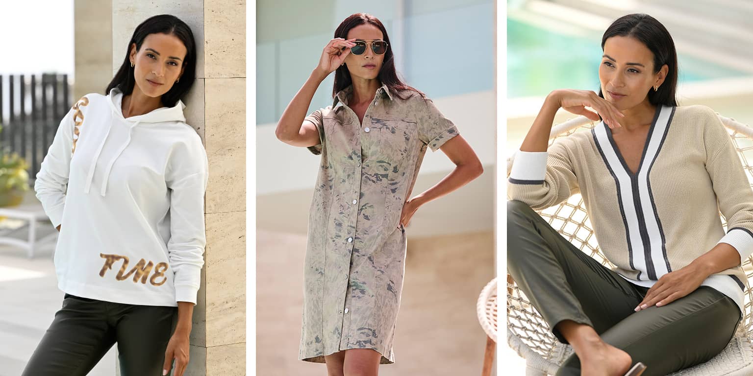  Drie modellen dragen casual outfits: witte hoodie met tekst, gemêleerde blousejurk en crèmekleurige trui met strepen, gecombineerd met donkere broeken.