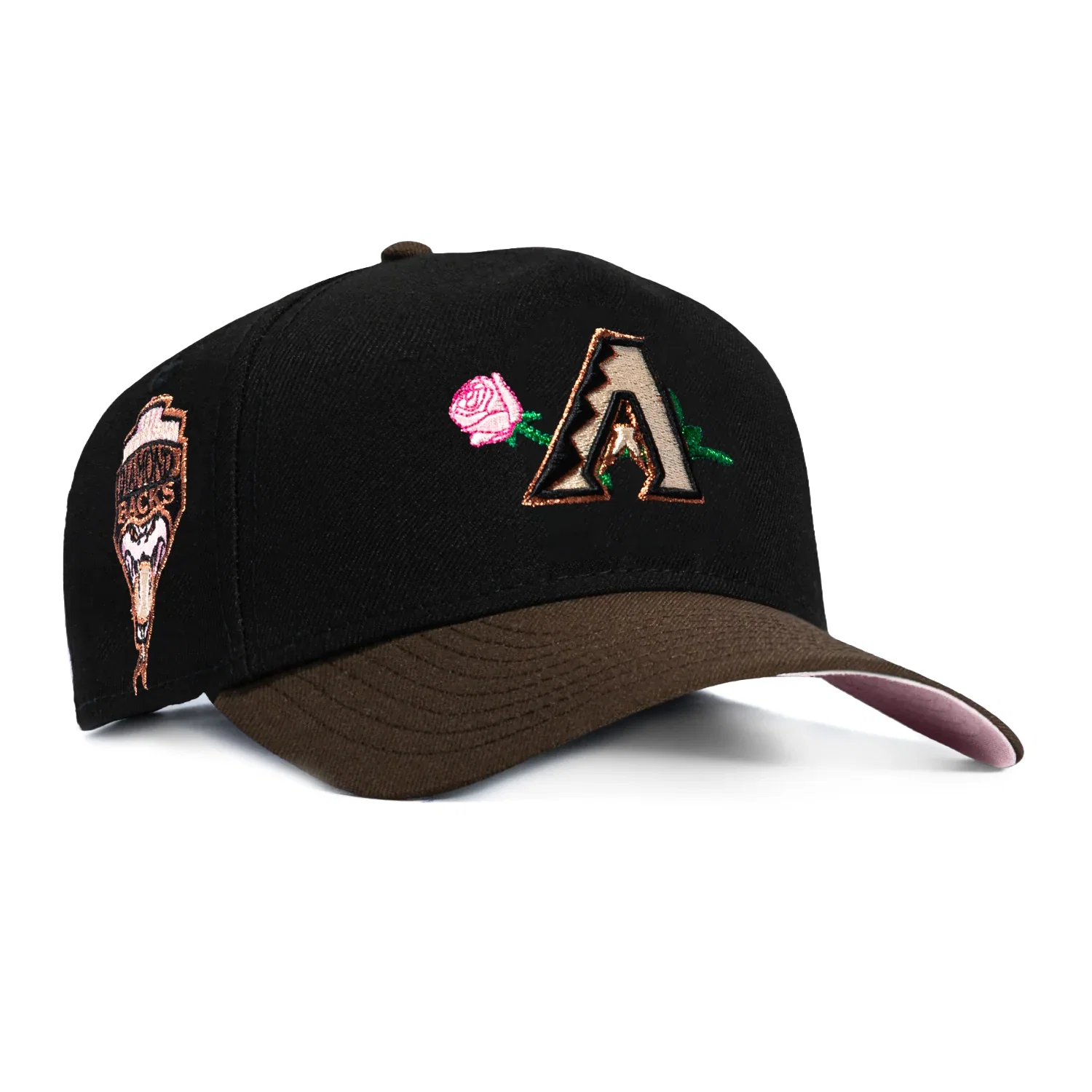 Image of New Era 9Forty A-Frame Arizona Diamondbacks Inaugural Patch Rose Pink UV Snapback Hat - Black, Brown