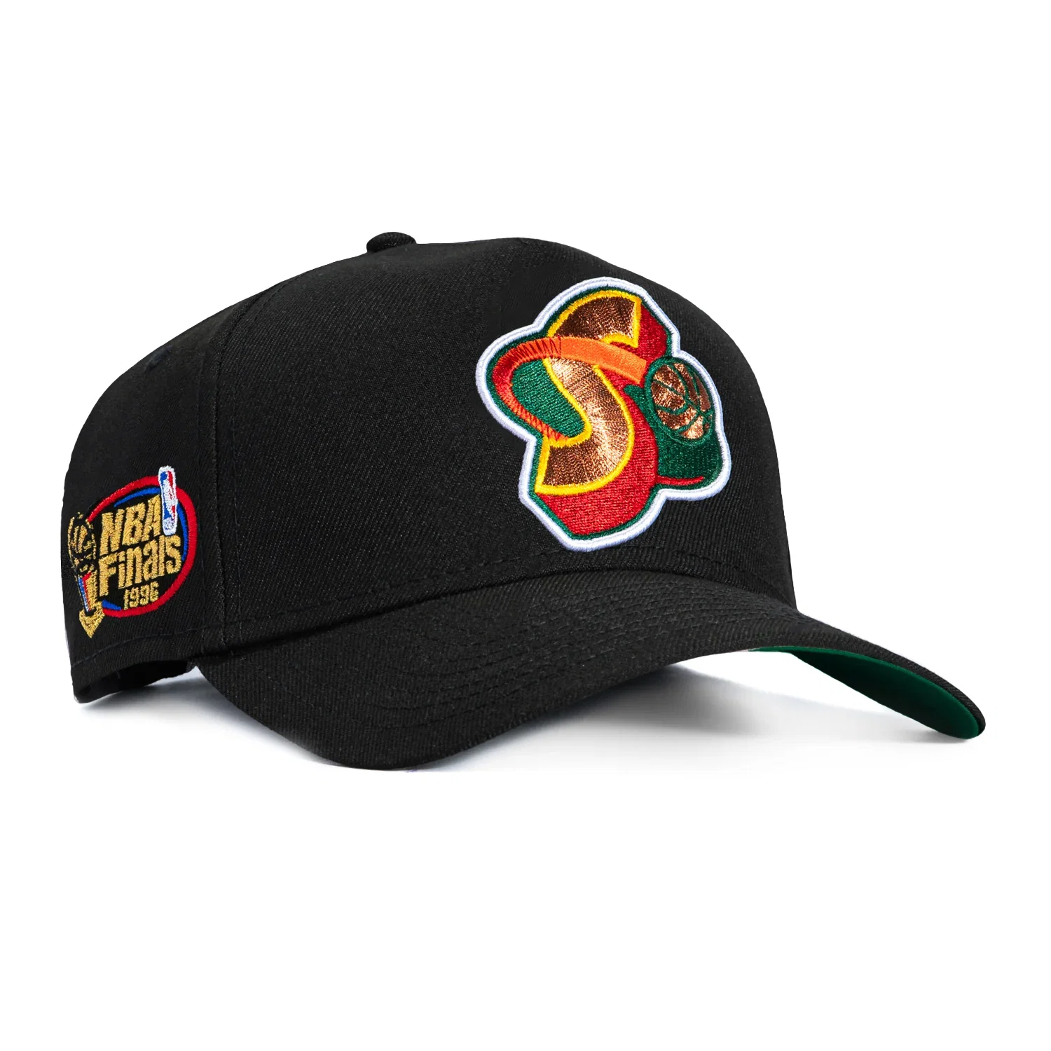 Image of New Era 9Forty A-Frame Black Dome Seattle Sonics 1996 NBA Finals Patch 1995 Alternate Snapback Hat - Black