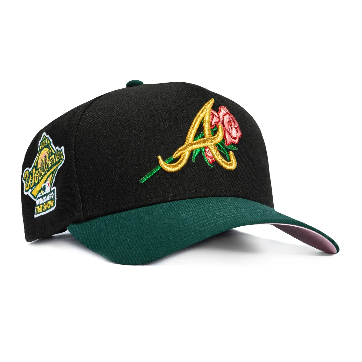 Image of New Era 9Forty A-Frame Valentine's Day Atlanta Braves 1995 World Series Patch Snapback Rose Hat - Black, Green