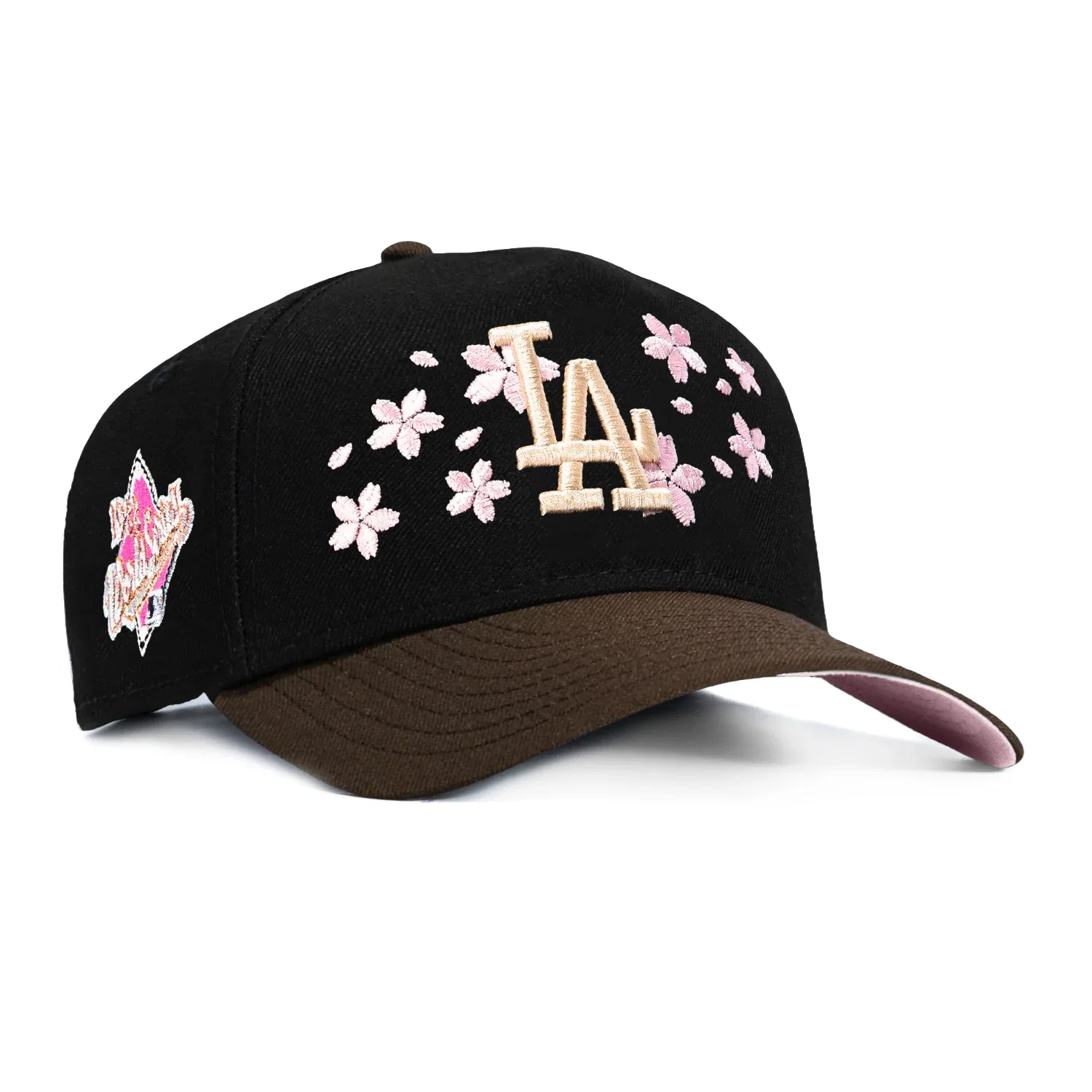 Image of New Era 9Forty A-Frame Los Angeles Dodgers 1988 World Series Patch Blossom PInk UV Snapback Hat - Black, Brown