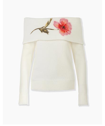 Floral-Embroidered Off-Shoulder Sweater