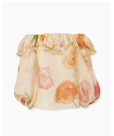 Poppy-Print Organza Puff Sleeve Top