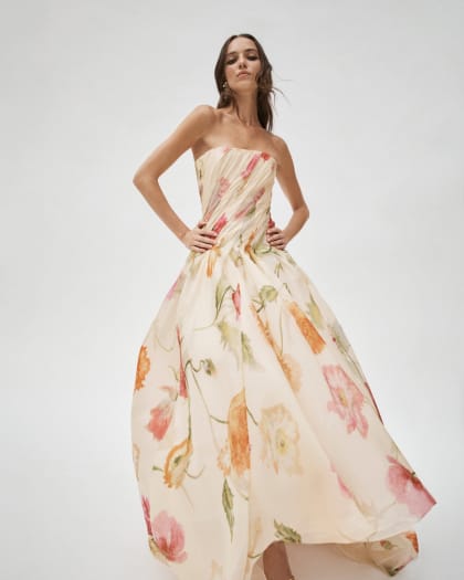 Poppy-Print Organza High-Low Gown