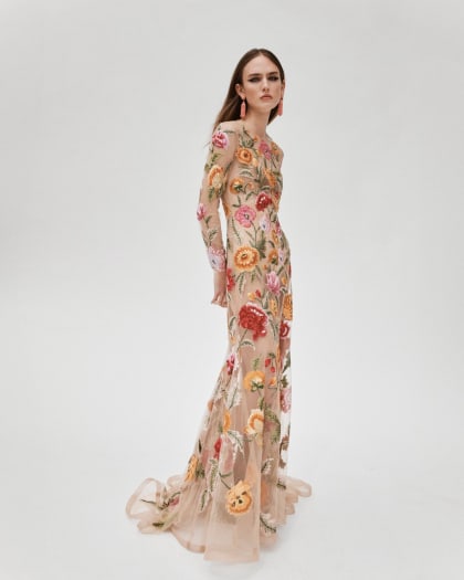 Floral-Embroidered Tulle Gown