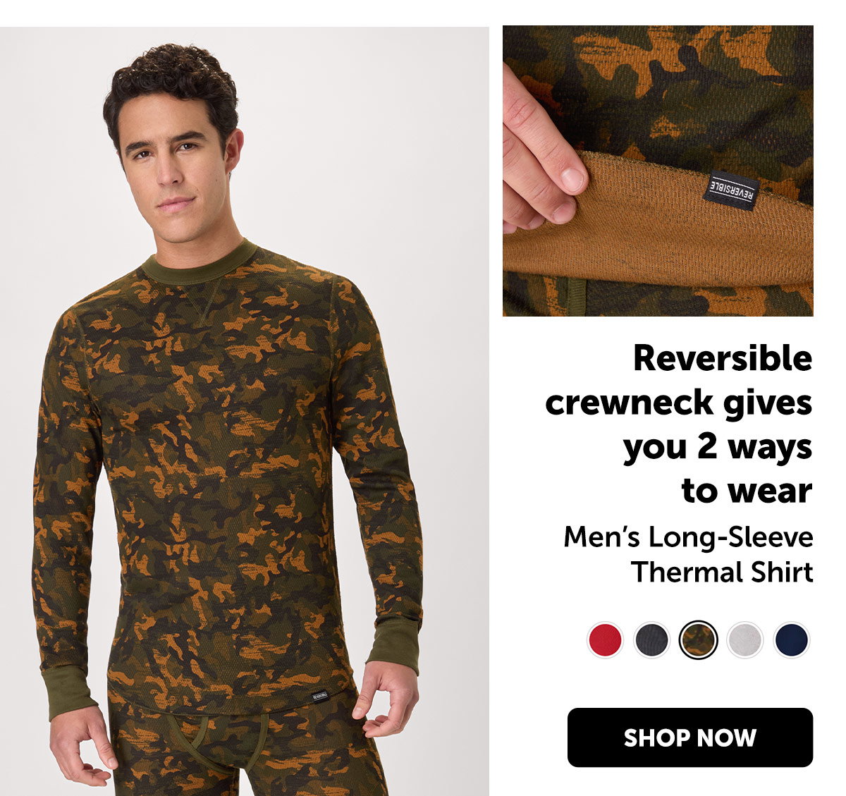 Men’s Long-Sleeve Thermal Shirt, Reversible, Crewneck
