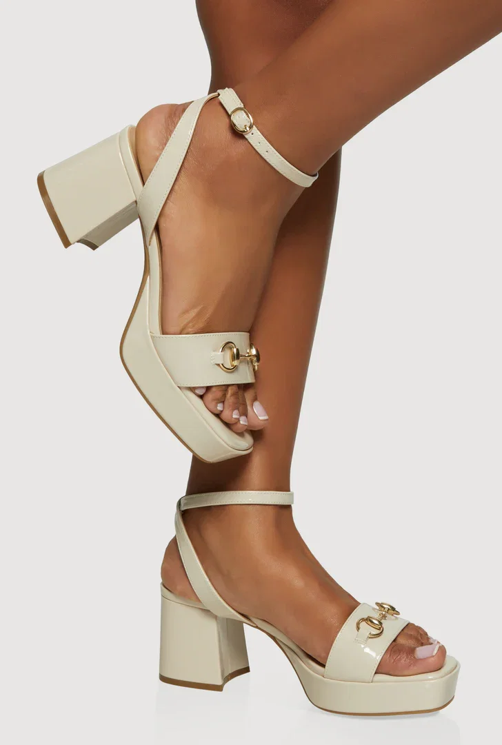 Shop Faux Leather Horsebit Detail Ankle Strap Heels