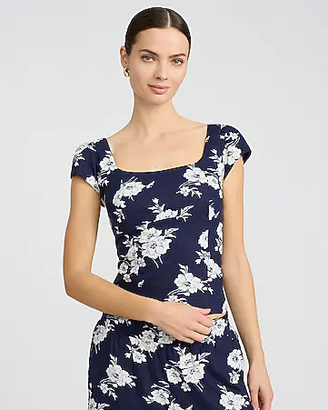 Linen-Blend Floral Square Neck Cap Sleeve Top