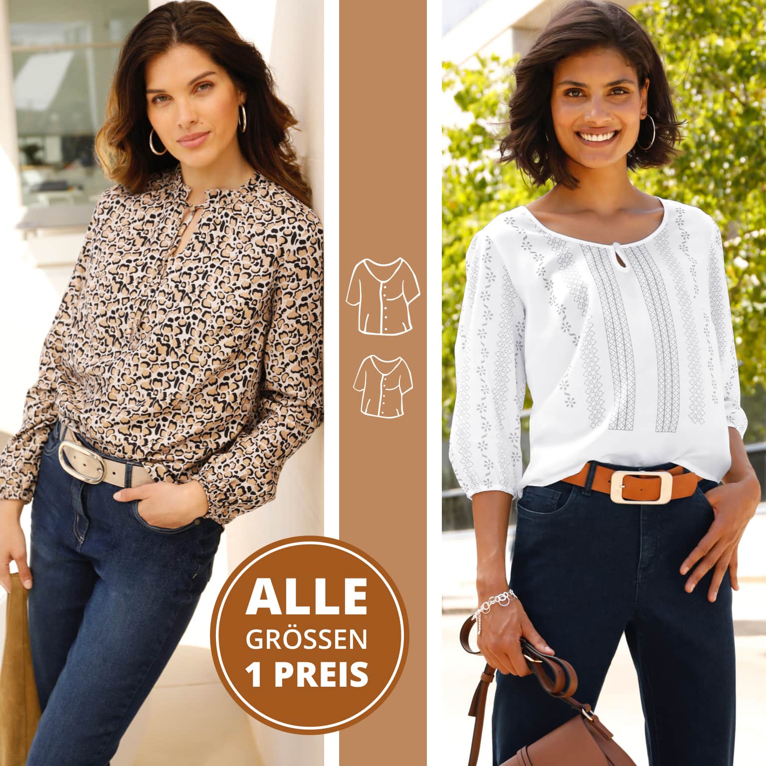 Ein Model trägt links eine beige Bluse mit Leopardenmuster und dunkle Jeans, rechts eine weiße Bluse mit feinem Muster und ebenfalls dunkle Jeans. Alle Größen ein Preis. Blusen & Tuniken. Bild oder Schaltfläche darunter anklicken, um in den Shop zu gelangen >