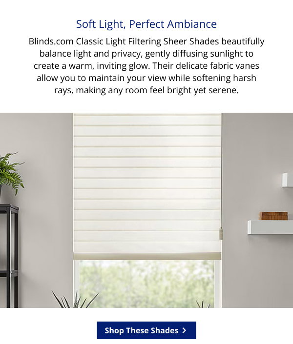 Soft Light, Perfect Ambiance | Blinds.com Classic Light Filtering Sheer Shades beautifully balance light and privacy, gently diffusing sunlight to create a warm, inviting glow. Their delicate fabric vanes allow you to maintain your view while softening harsh rays, making any room feel bright yet serene. | SHOP THESE SHADES >