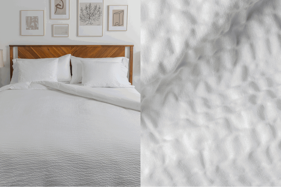 A bed is made up in white bedding. A closeup image shows texture of duvet cover in white