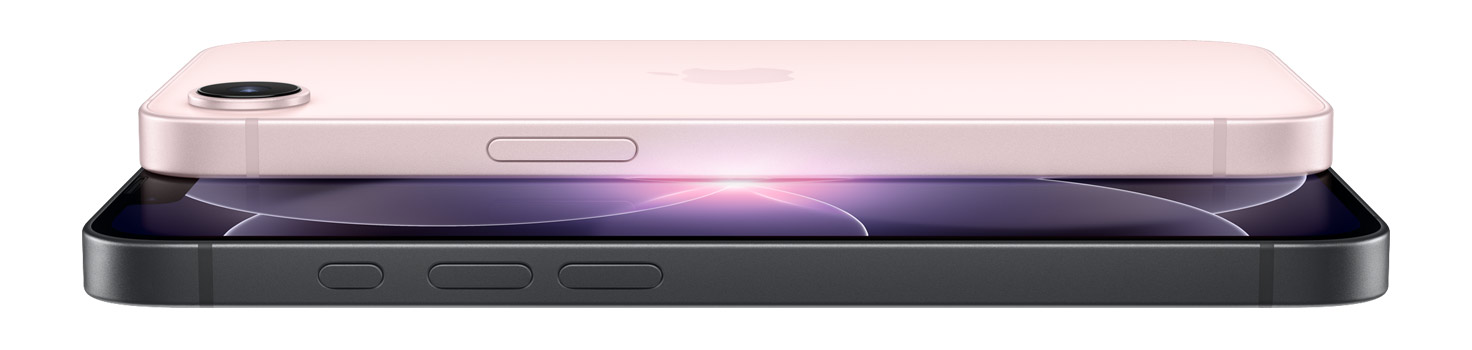 iPhone 17e, back exterior, soft pink color, Fusion camera system, Apple logo in center, Side button, front exterior, black color, all screen design, notch with TrueDepth camera, thin black display border, buttons: Action, volume up, volume down
