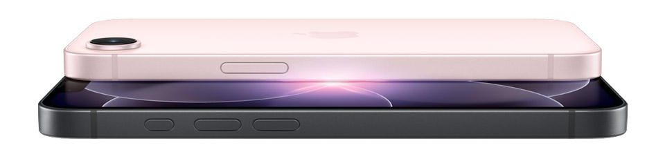 iPhone 17e, back exterior, soft pink color, Fusion camera system, Apple logo in center, Side button, front exterior, black color, all screen design, notch with TrueDepth camera, thin black display border, buttons: Action, volume up, volume down