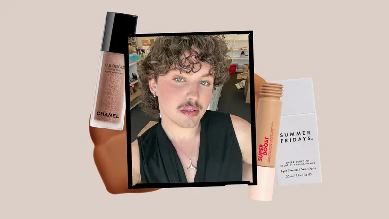 A photo of Allure beauty closet associate Edward Horgan in a black frame surrounded by skin tints on a light gray background