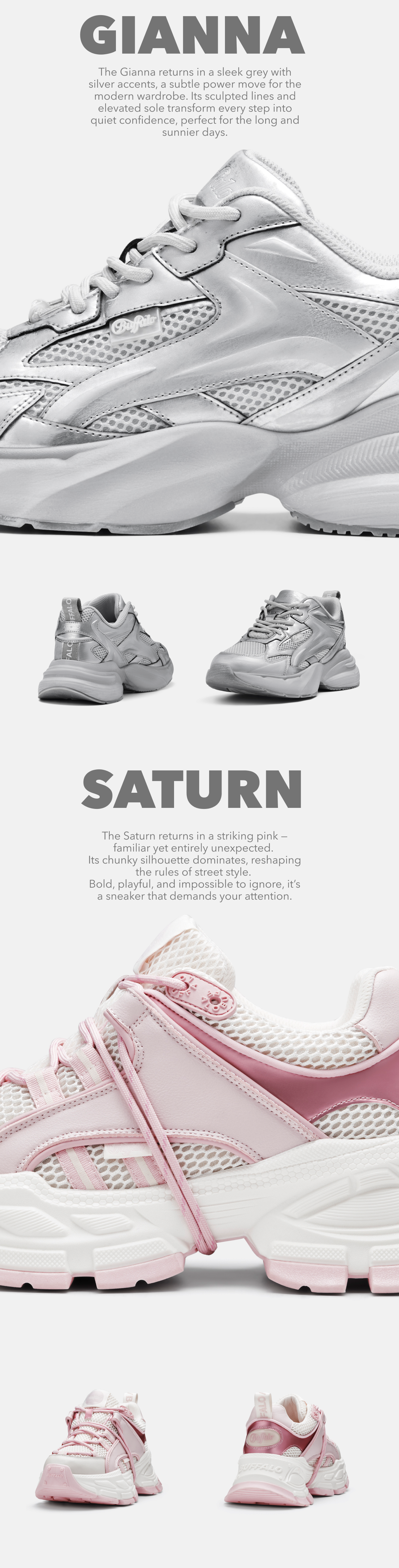 Product banner featuring silver “Gianna” and pink “Saturn” chunky sneakers with close-up and multiple angle views, including descriptive headline text for each model.