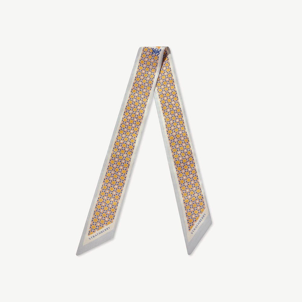 Image of Silk Skinny Scarf - Geometric Tile Marble Grey/Brûlée