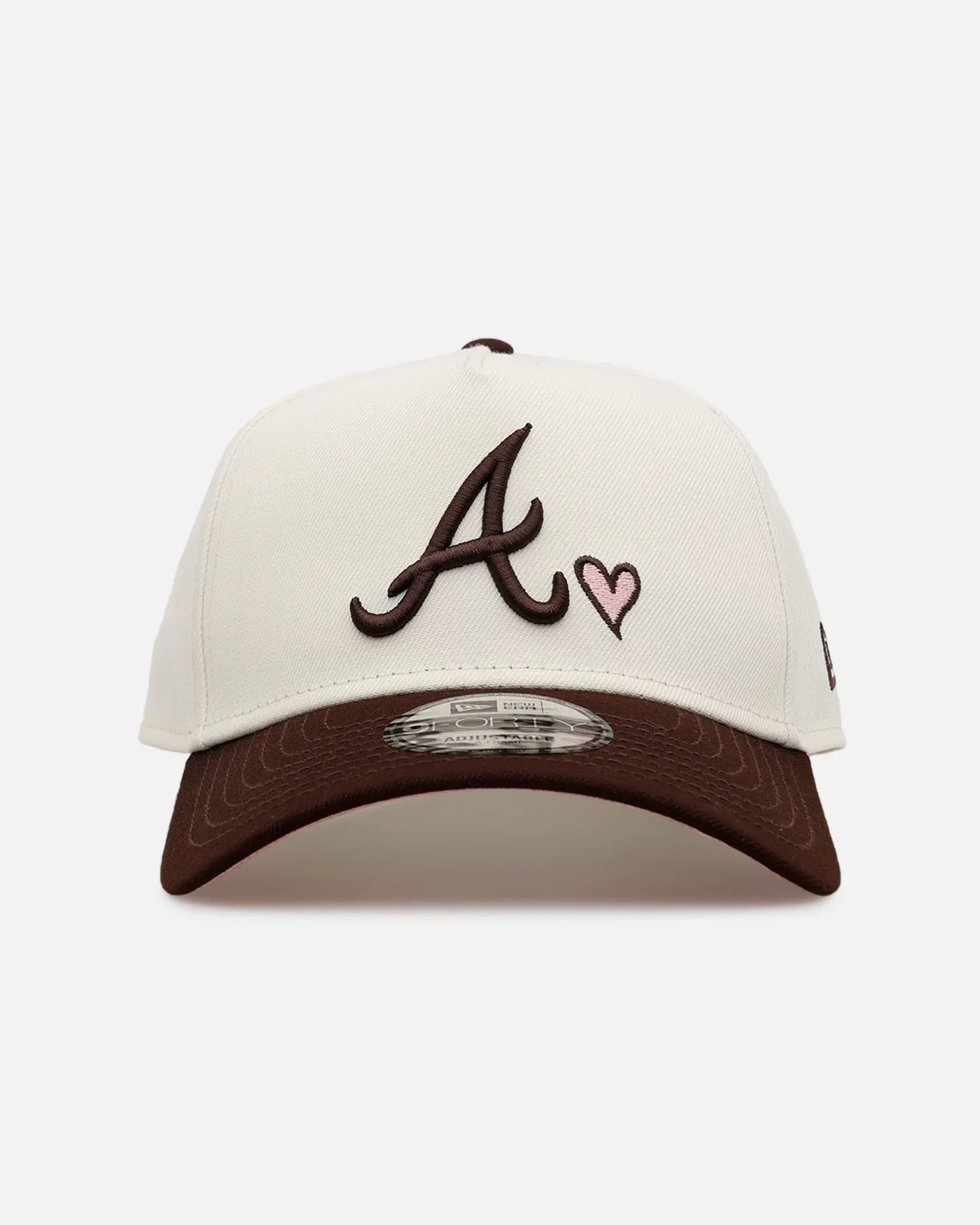 Image of New Era Atlanta Braves 'Pink Satin Hearts Walnut' 9FORTY A-Frame Snapback Chrome/Walnut