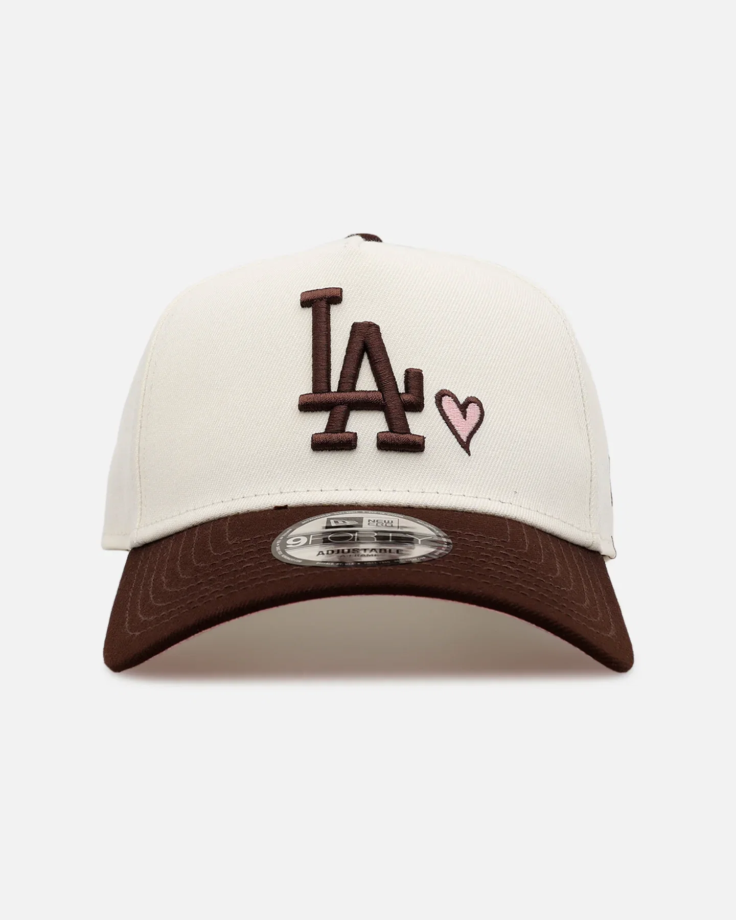 Image of New Era Los Angeles Dodgers 'Pink Satin Hearts Walnut' 9FORTY A-Frame Snapback Chrome/Walnut