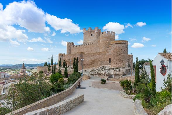 A medieval stone castle on a hill overlooking a town under a blue sky.