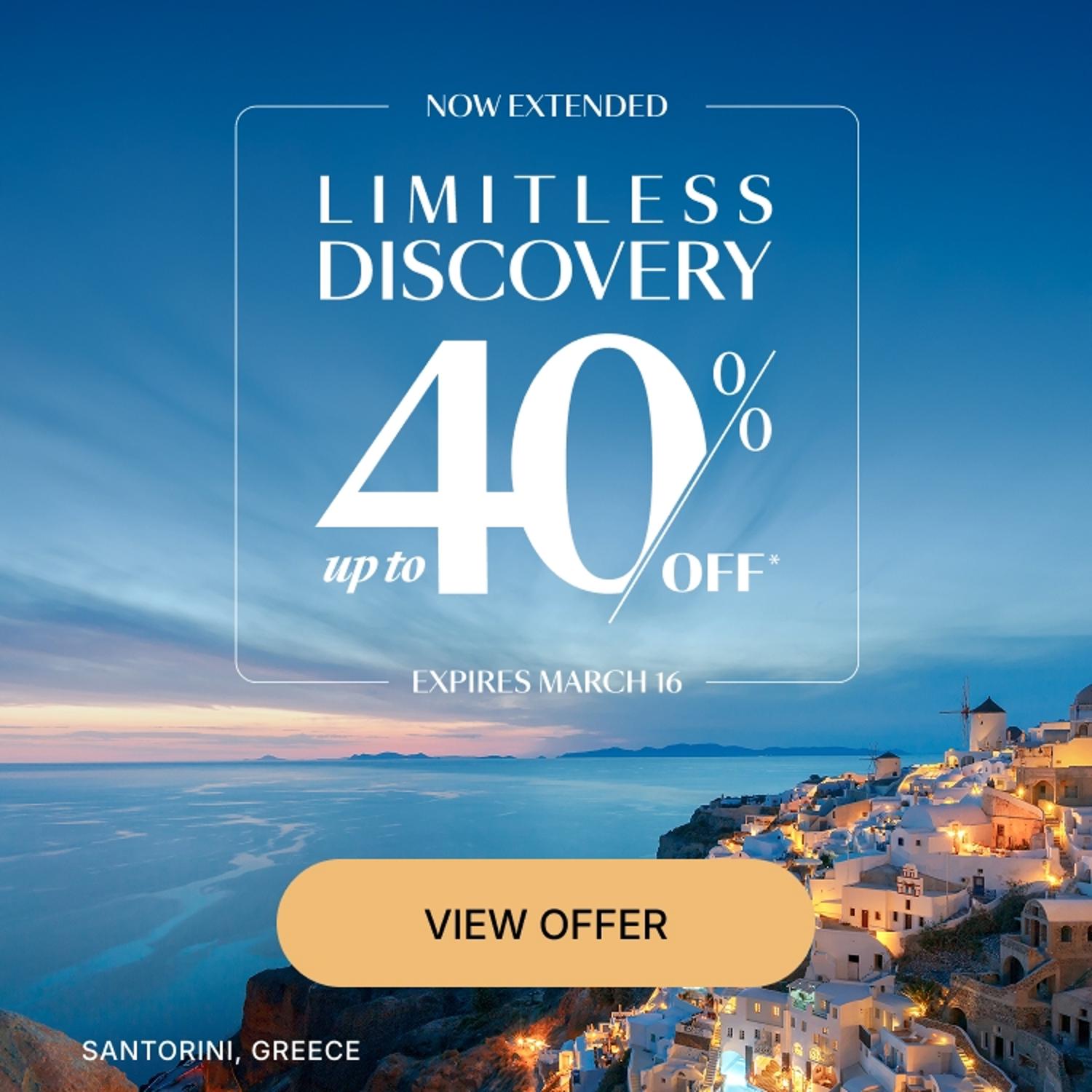 Advertisement for 'Limitless Discovery' with 40% off against a backdrop of Santorini.
