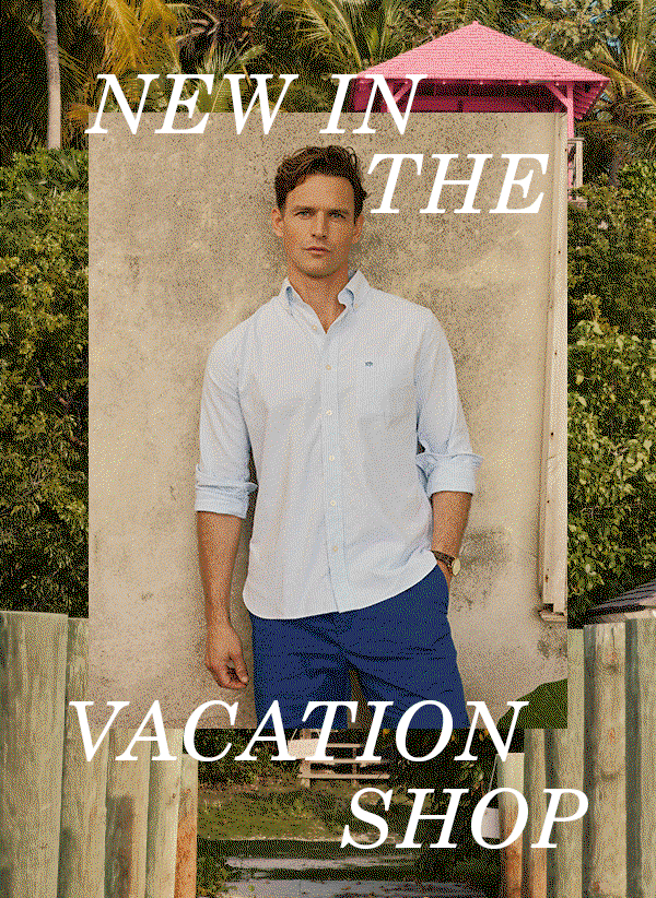Rotating image of man in blue button up shirt. Woman in striped tank and linen pants. Man in button up white tee. Two women sitting on dock wearing white tee and shorts and the other wearing green open stitch sweater and white pants.