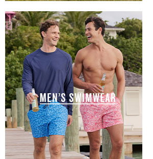 Men's Swimwear. Two men wearing swim trunks.