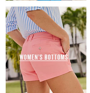 Women's Bottoms. Woman wearing pink chino shorts.