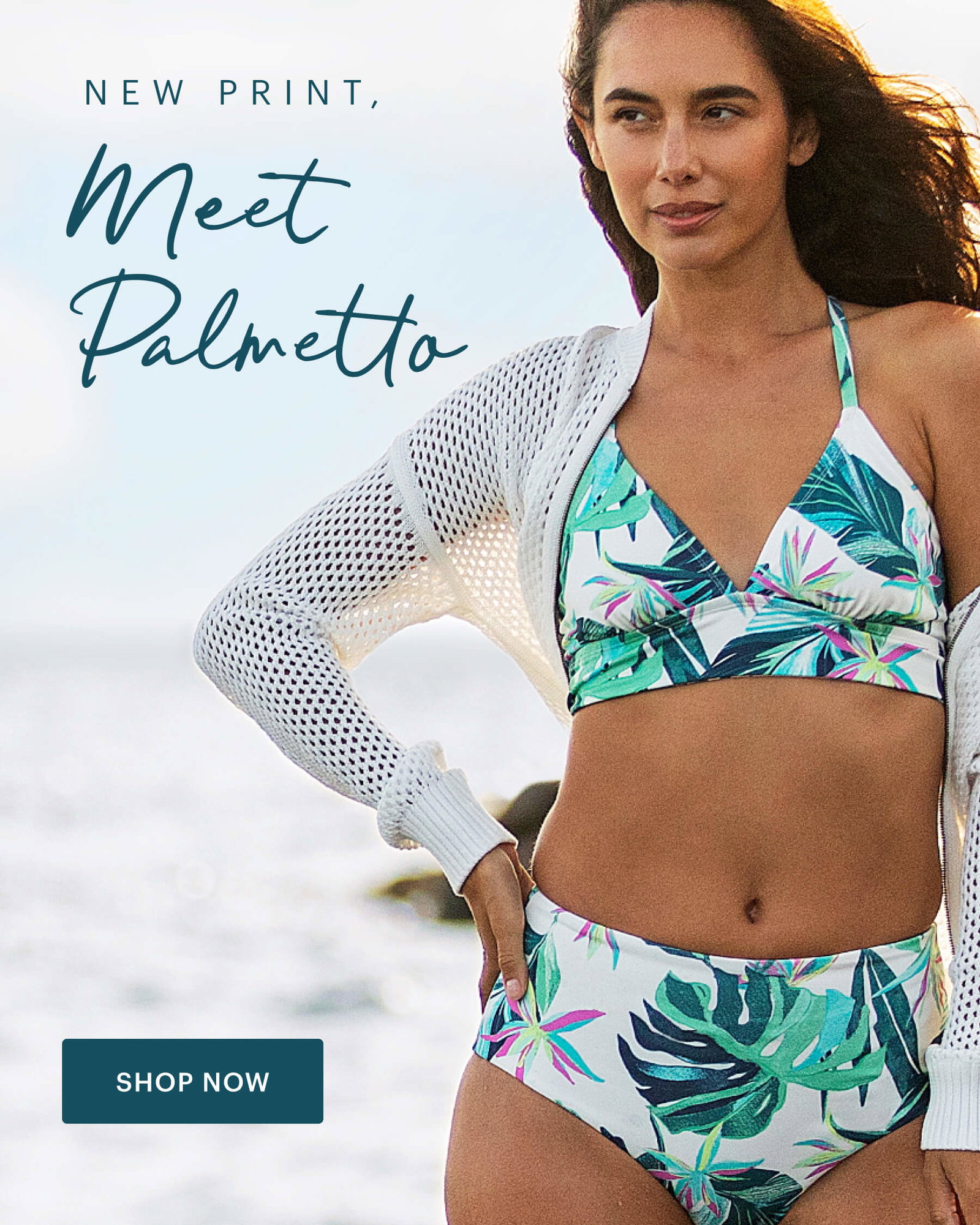 Woman in Palmetto Print Swim and Presley Mesh Bomber