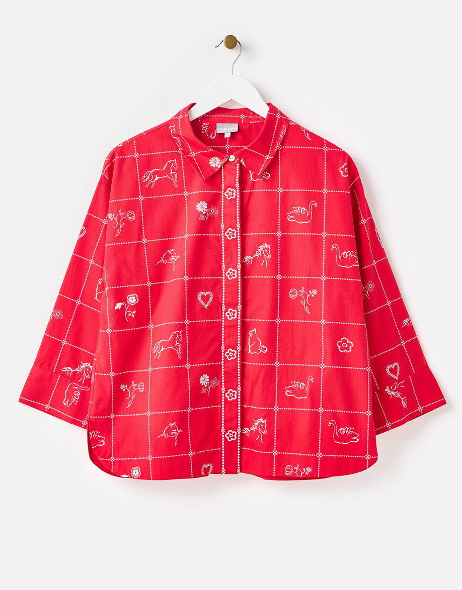 Red & White Embroidered Wide Sleeve Cotton Shirt