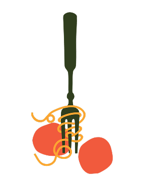 Minimalist illustration of a fork twirling spaghetti above two red tomato shapes.