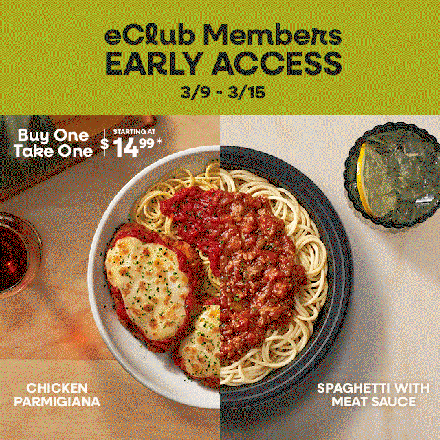 Animated promotional graphic for eClub Members Early Access (3/9–3/15) featuring a Buy One, Take One offer for $14.99.