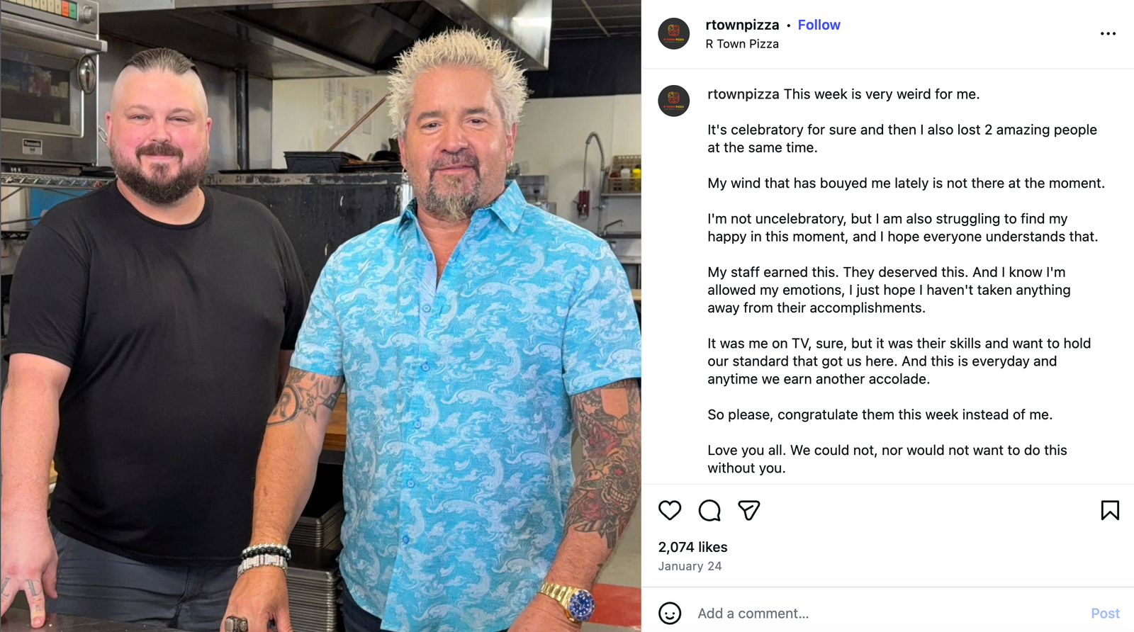 Marvin Kinney poses with Guy Fieri during filming of Diners, Drive-ins and Dives at R Town Pizza in Reno, NV