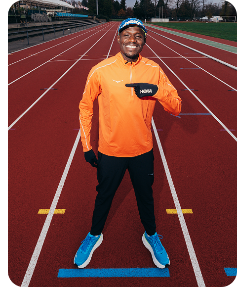 An image of a person posing on a track pointing towards the HOKA logo on their jacket, and an image of a person sitting on a brick wall smiling by a track.
