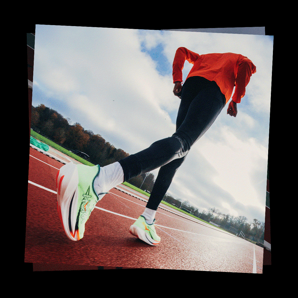A GIF of images of an athlete running and posing on a track wearing HOKA.