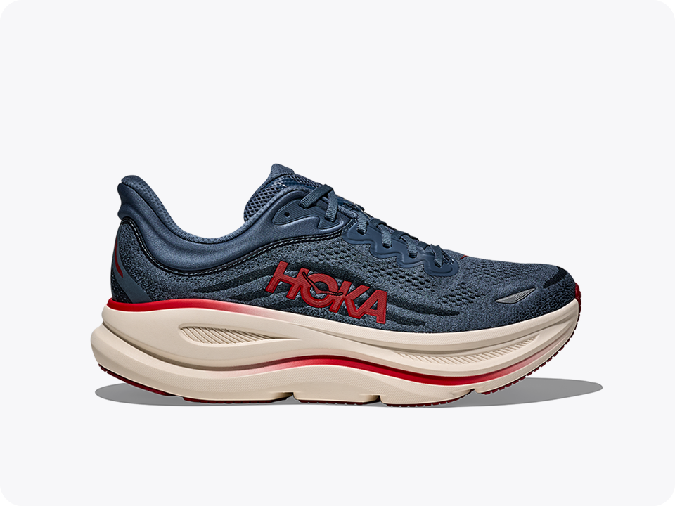 A side view image of the Bondi 9 running shoe in Thunder Cloud / Vermillion.
