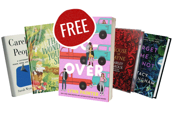 Selection of books from Book Outlet with a red “FREE” badge highlighting a buy-4-get-1-free offer.